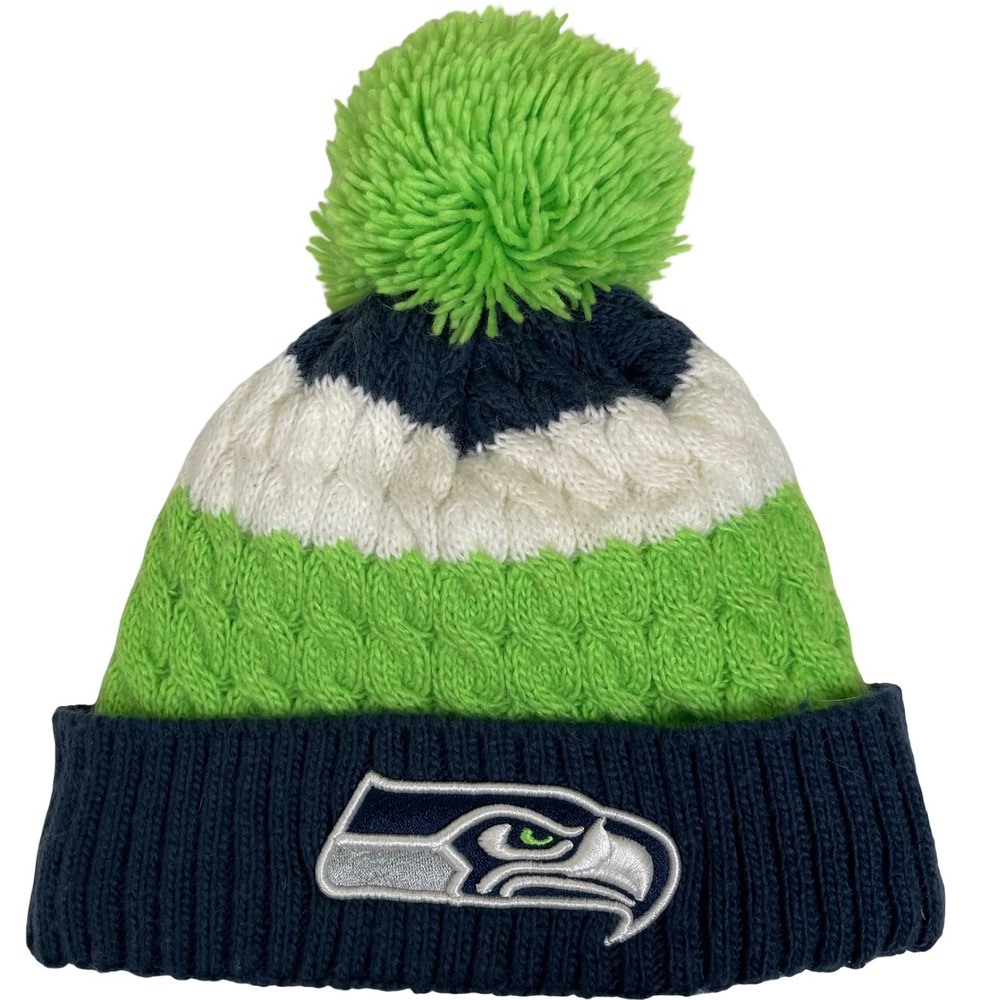 New Era Seattle Seahawks NFL Youth Knit Beanie Pom Pom Hat Fleece Lining‎ Green